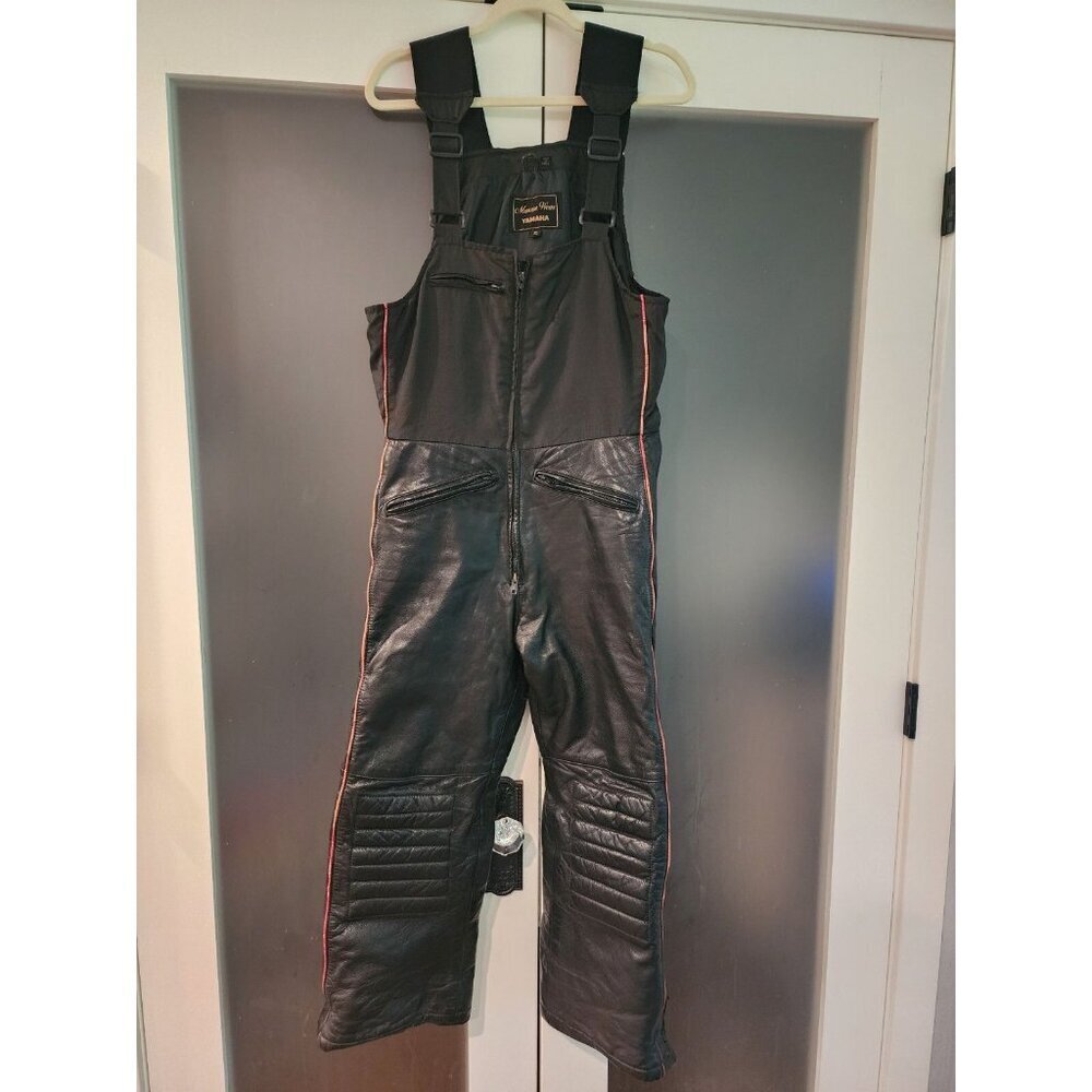 Vtg Yamaha Maxim Wear Sz S Leather Riding Bib Snow Pants Snowmobile Blk Quilted